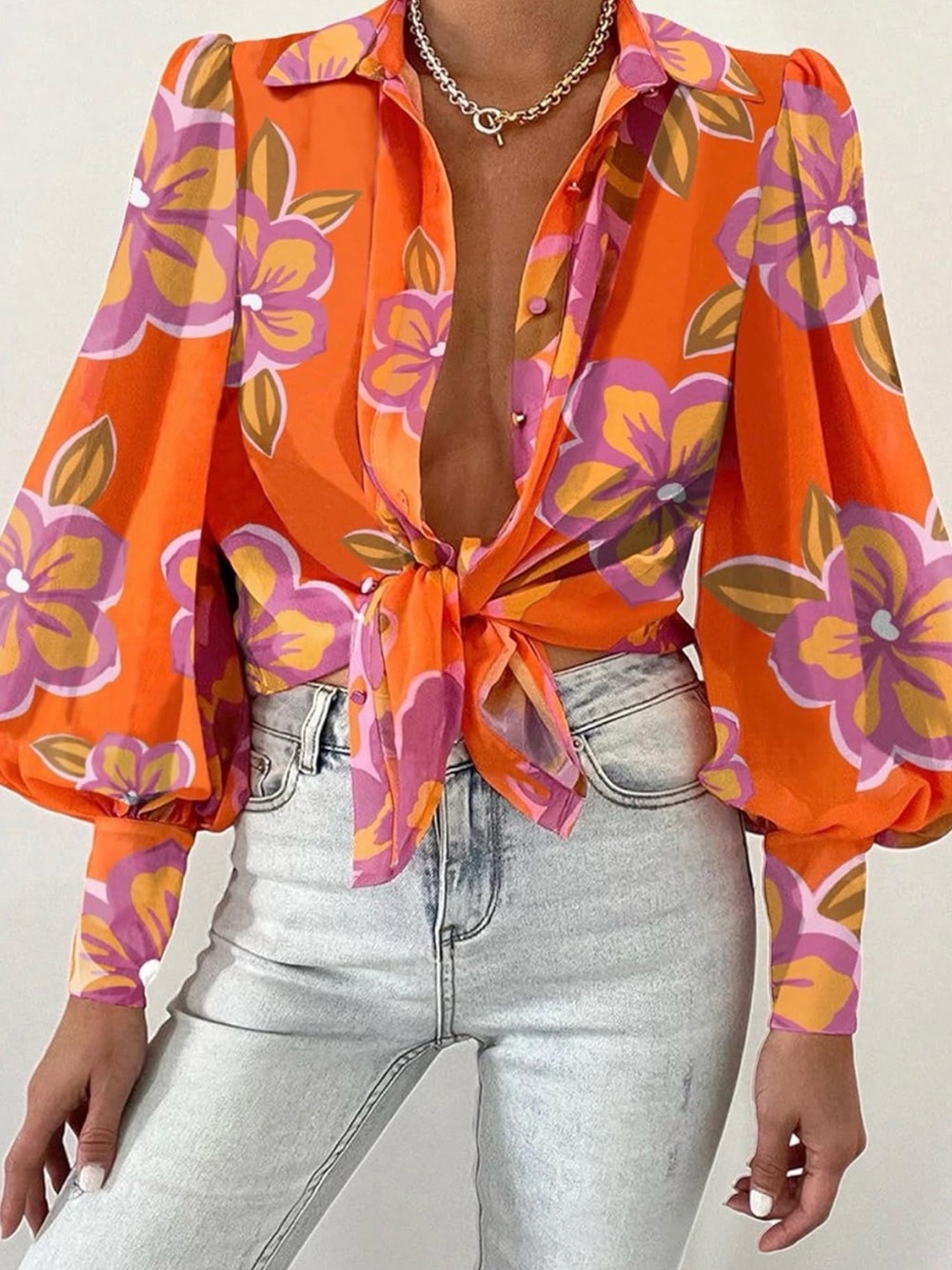 Floral Tie-Front Puff Sleeve Blouse - Orange